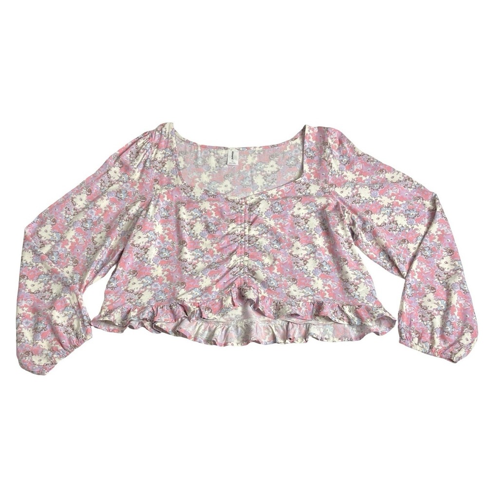 Abound Top Womens 1X Pink Floral Ruched Crop Ruffle Milkmaid Cottagecore Boho